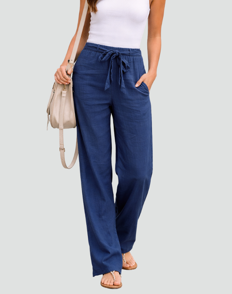 Montarello Women's High-Waist Drawstring Linen-Look Wide-Leg Trousers