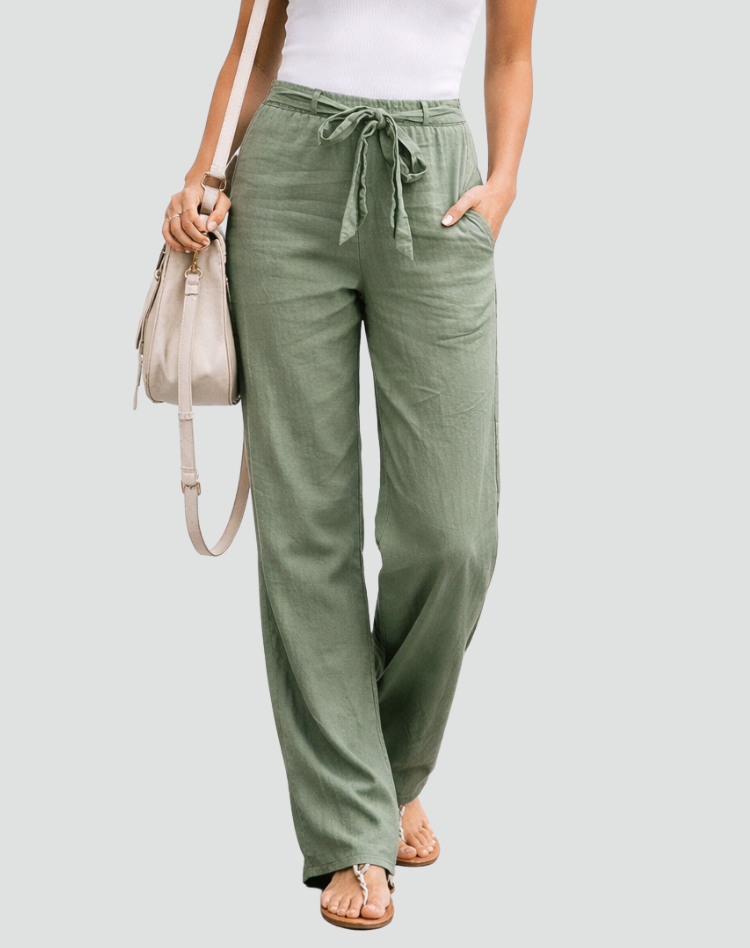 Montarello Women's High-Waist Drawstring Linen-Look Wide-Leg Trousers