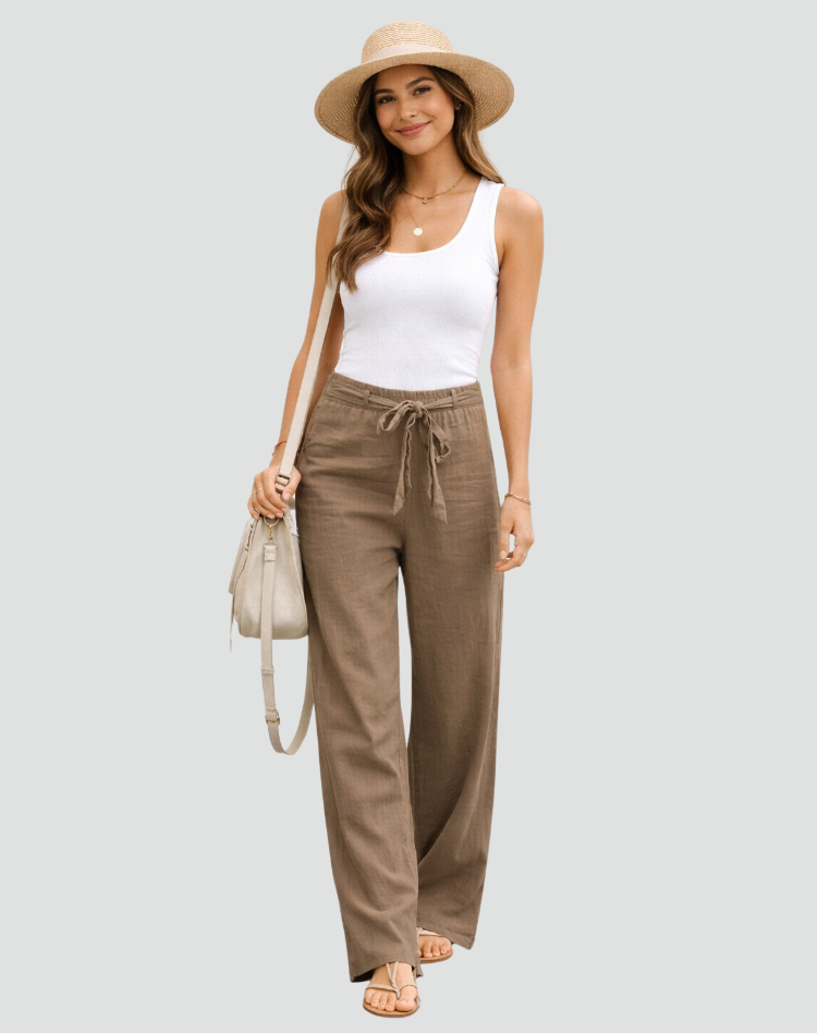 Montarello Women's High-Waist Drawstring Linen-Look Wide-Leg Trousers