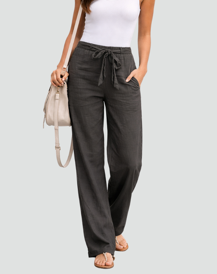 Montarello Women's High-Waist Drawstring Linen-Look Wide-Leg Trousers
