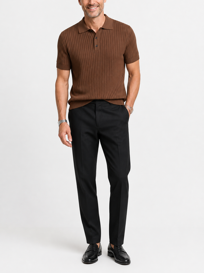 Montarello Men's Striped Knit Polo Shirt with Lapel Collar