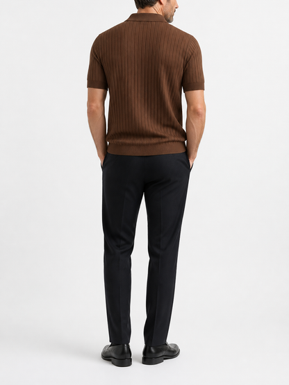 Montarello Men's Striped Knit Polo Shirt with Lapel Collar