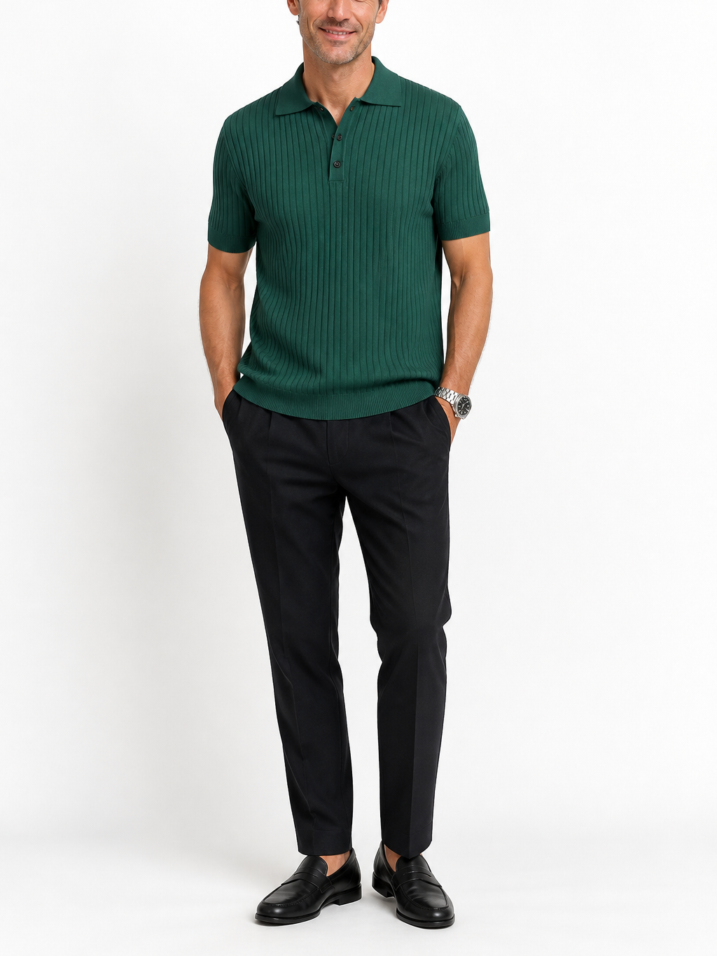 Montarello Men's Striped Knit Polo Shirt with Lapel Collar
