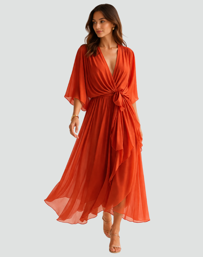Montarello Women's Chiffon Wrap Midi Wedding Guest Dress