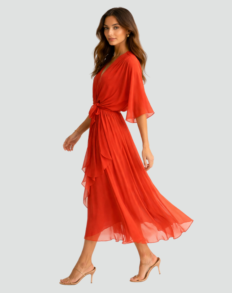 Montarello Women's Chiffon Wrap Midi Wedding Guest Dress