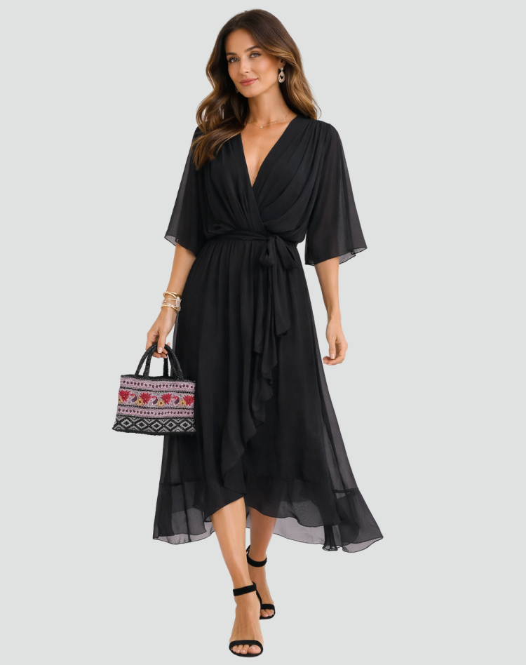 Montarello Women's Chiffon Wrap Midi Wedding Guest Dress