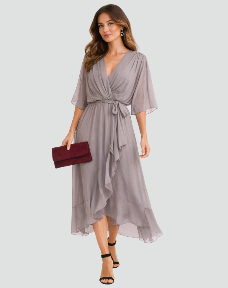 Montarello Women's Chiffon Wrap Midi Wedding Guest Dress