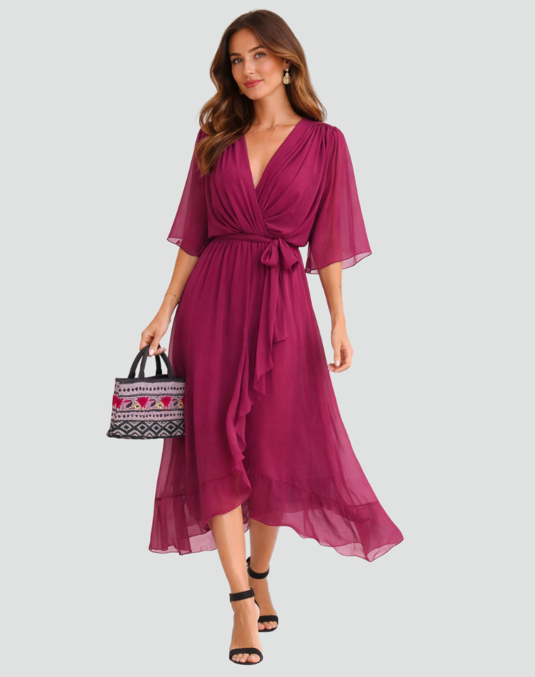 Montarello Women's Chiffon Wrap Midi Wedding Guest Dress