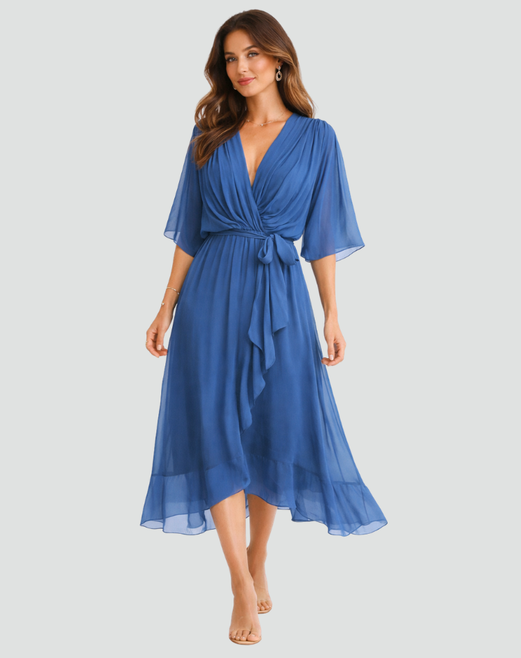 Montarello Women's Chiffon Wrap Midi Wedding Guest Dress