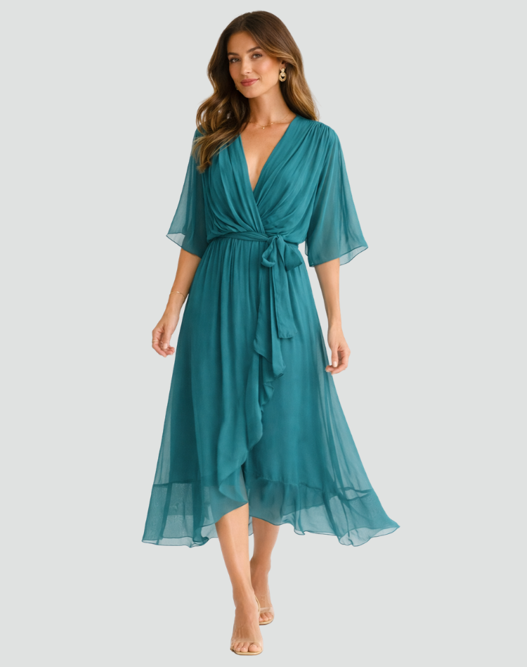 Montarello Women's Chiffon Wrap Midi Wedding Guest Dress