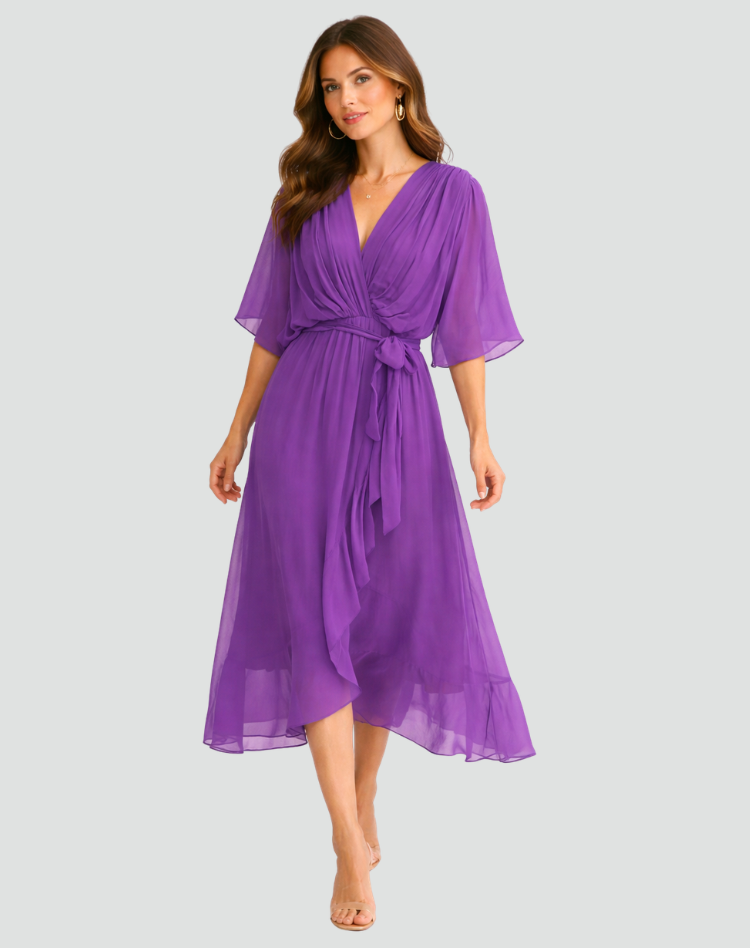 Montarello Women's Chiffon Wrap Midi Wedding Guest Dress