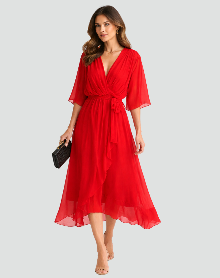 Montarello Women's Chiffon Wrap Midi Wedding Guest Dress