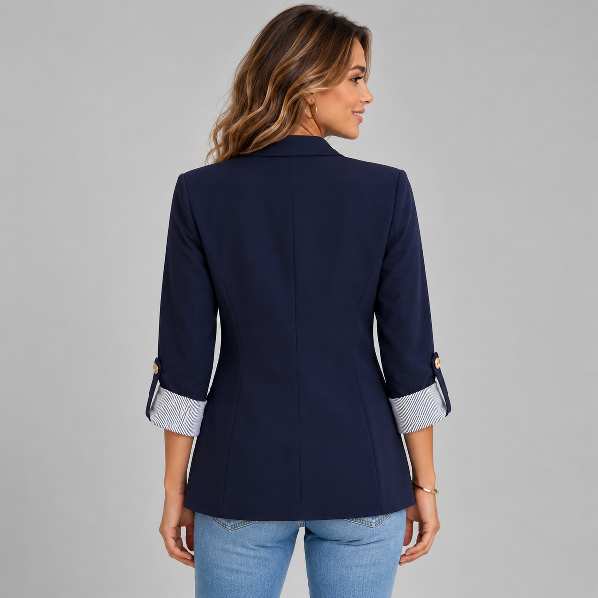 Montarello Women's Open Front Ruched Sleeve Blazer – navy back