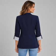 Montarello Women's Open Front Ruched Sleeve Blazer – navy back