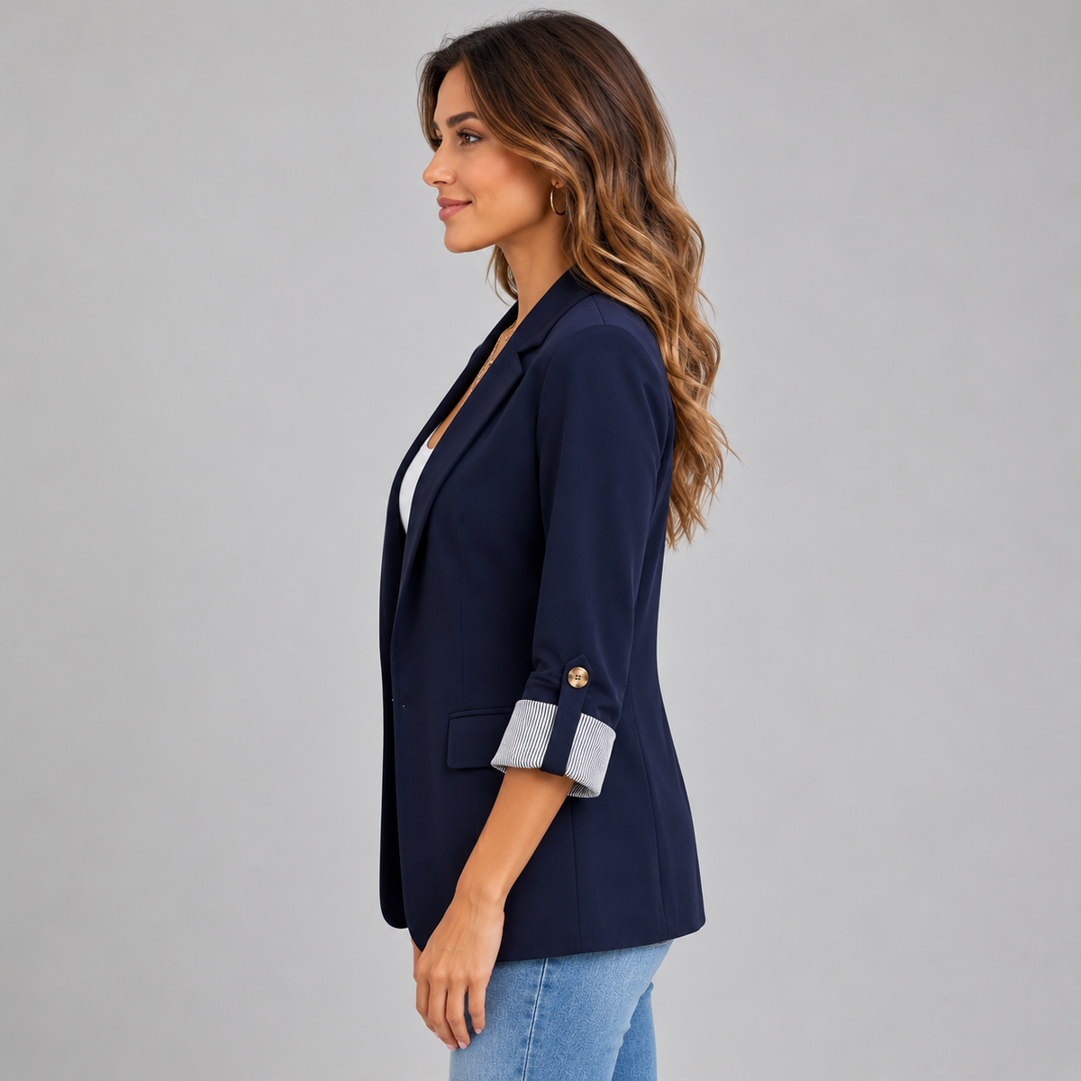 Montarello Women's Open Front Ruched Sleeve Blazer – navy side