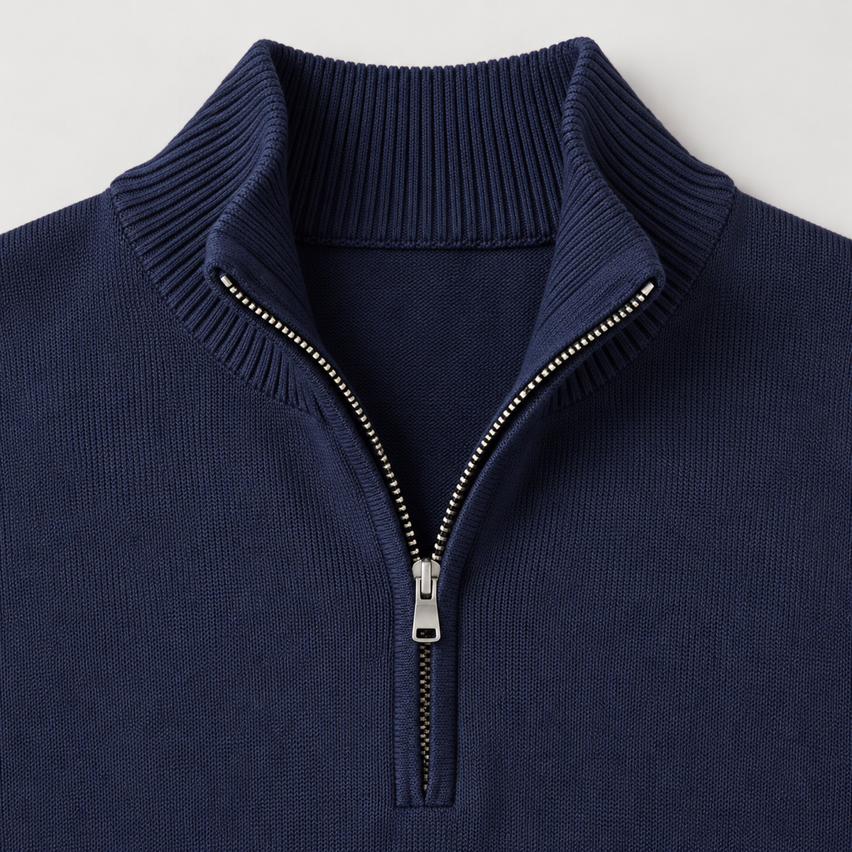 Montarello Men's Quarter-Zip Knitted-Look Sweater with Stand Collar – blue zip detail