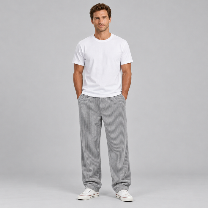 Montarello Men's Corduroy Trousers with Drawstring Waist – grey full model