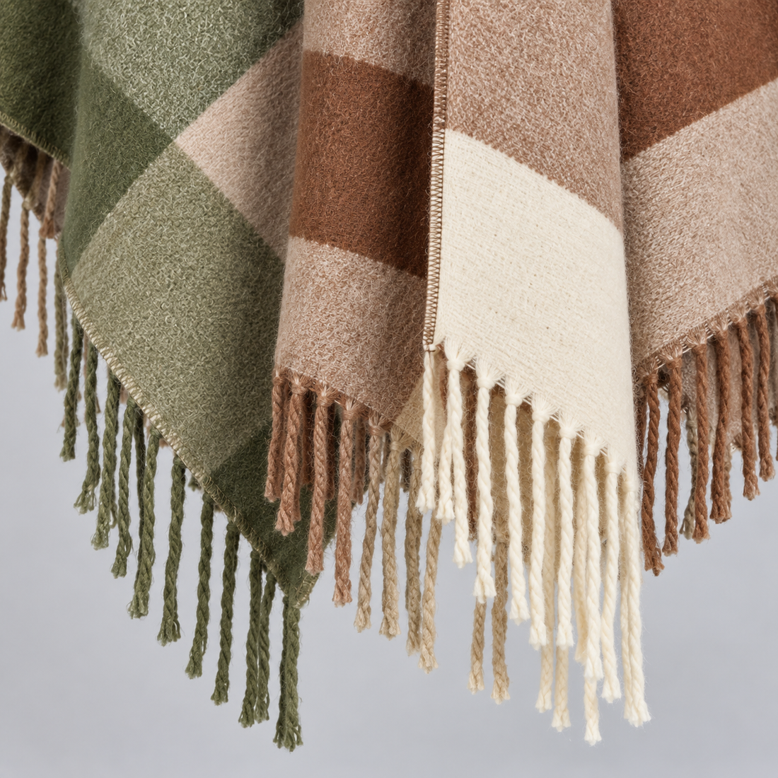 Montarello Women's Colour Block Poncho with Fringed Hem – yellow green fringe detail