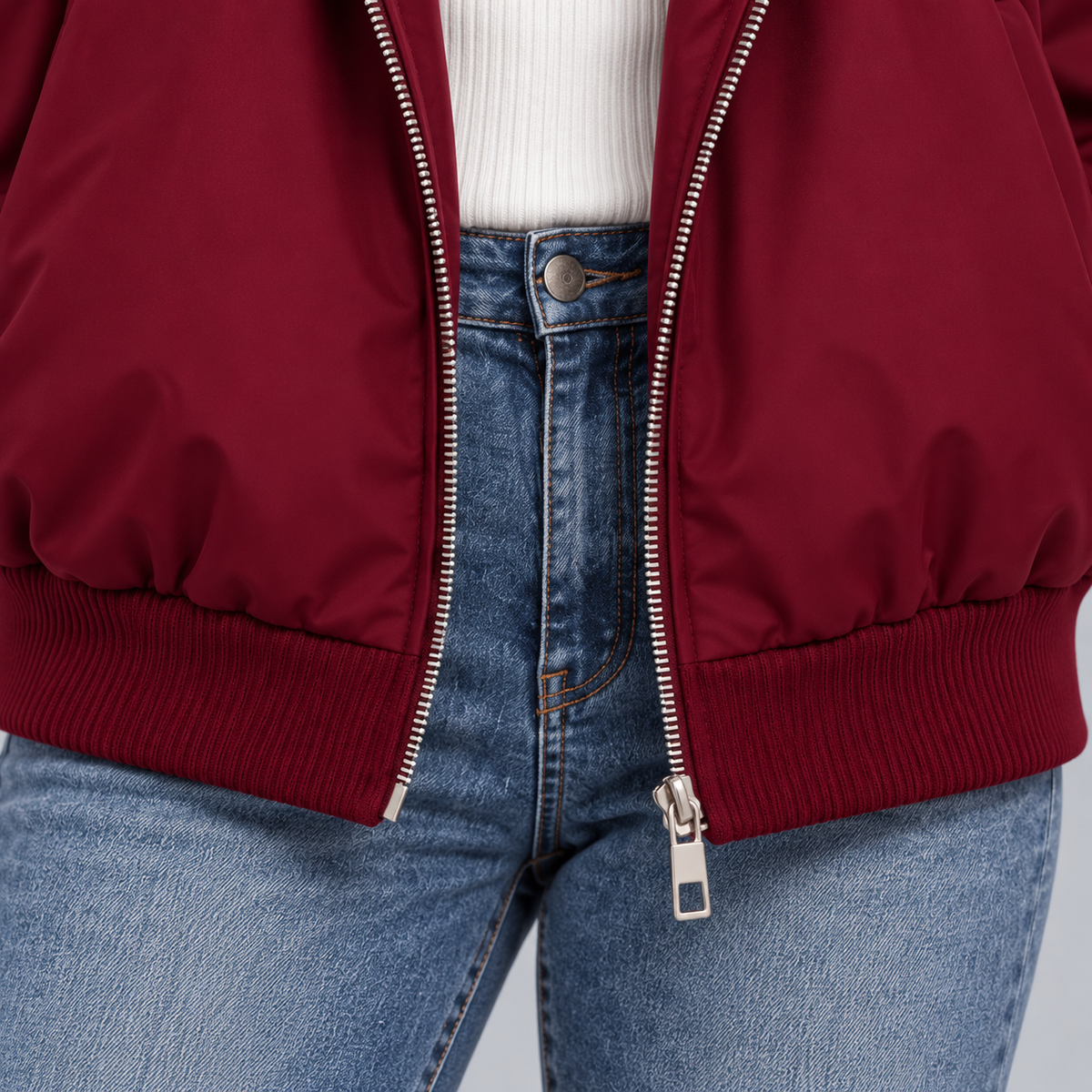 Montarello Women's Hooded Puffer Jacket with Faux Fur Trim – dark red zip detail