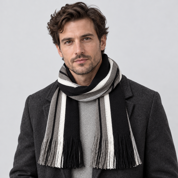 Montarello Men’s Scarf Striped Knitted Tassel Fringe — Black - Grey — front view worn by model