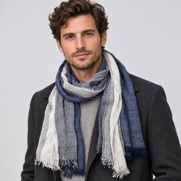 Montarello Men’s Scarf Crinkle Two Tone Frayed Edge — Navy Blue — front view worn by model
