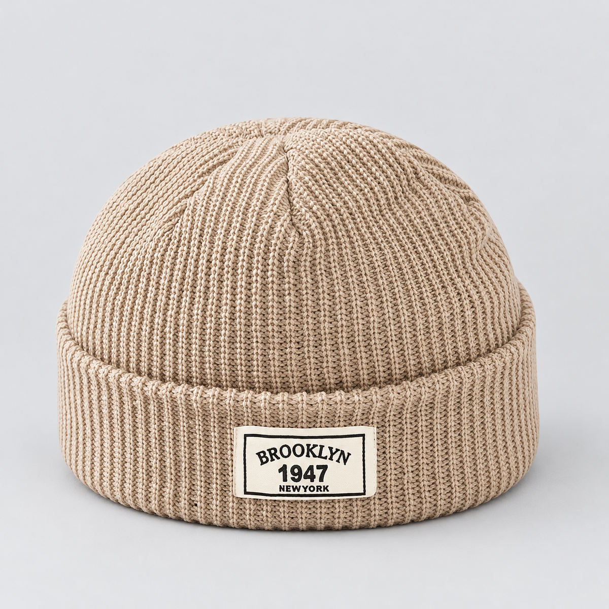 Montarello Men’s Hat Beanie Short Fisherman Cuffed Knit — Beige — product view