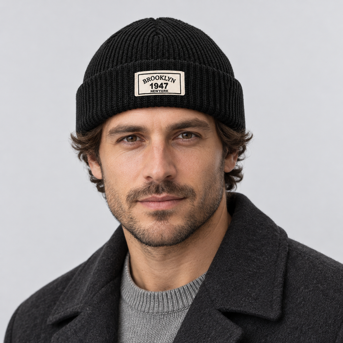 Montarello Men’s Hat Beanie Short Fisherman Cuffed Knit — Black — front view worn by model