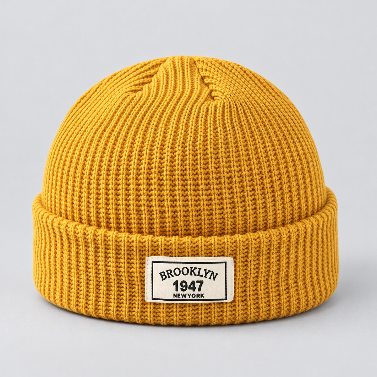 Montarello Men’s Hat Beanie Short Fisherman Cuffed Knit — Yellow — product view