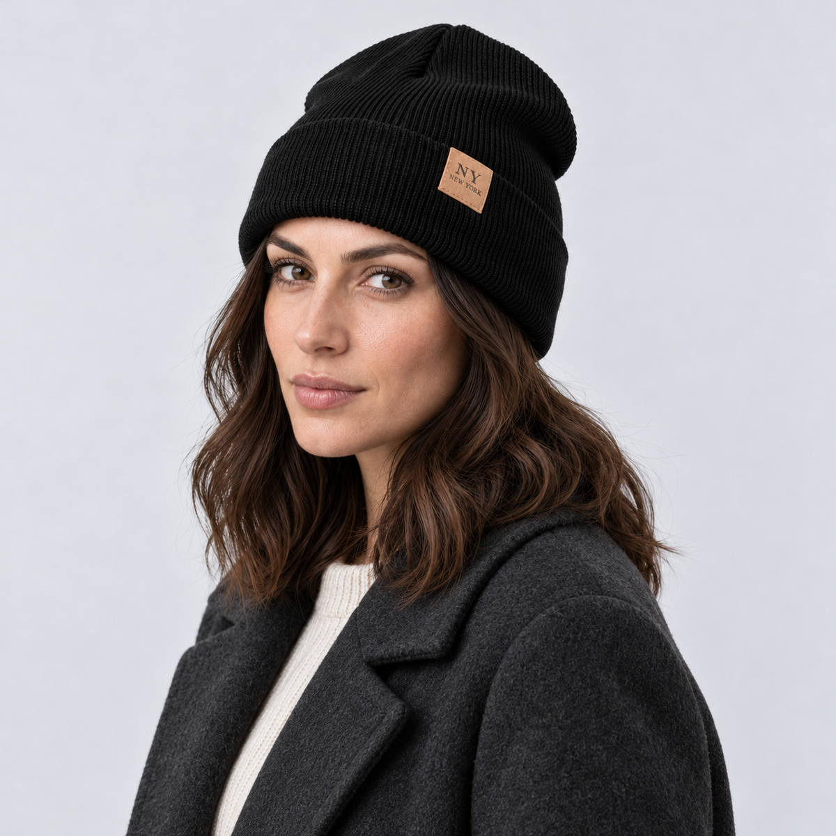 Montarello Women’s Hat Beanie Slouchy Knitted Cuffed — Black — angled view worn by model