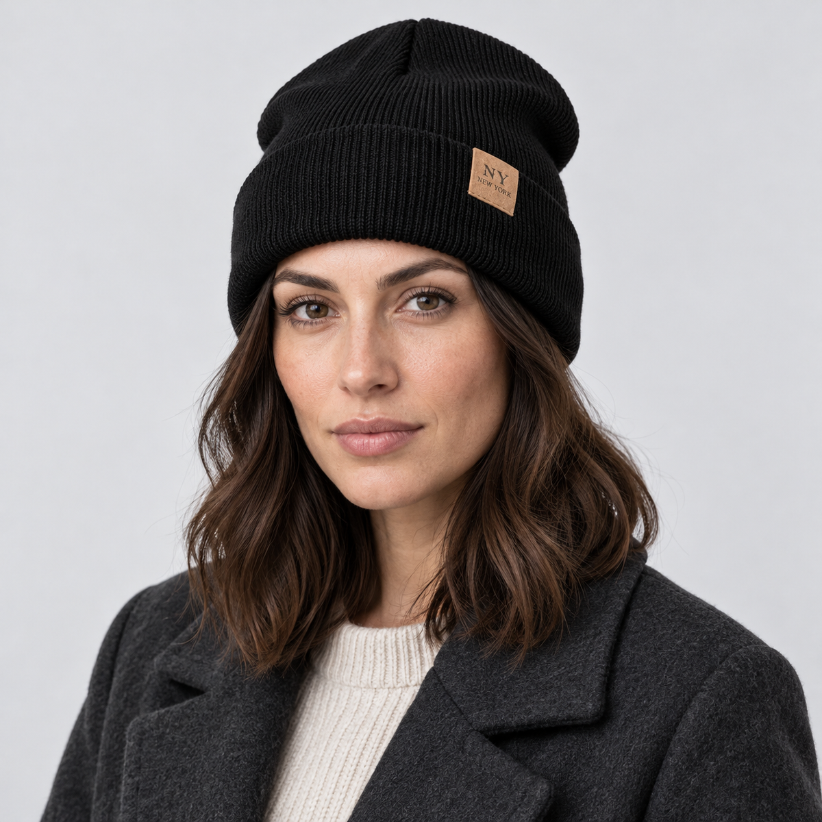 Montarello Women’s Hat Beanie Slouchy Knitted Cuffed — Black — front view worn by model