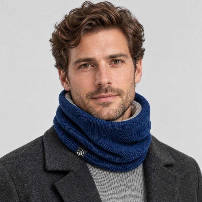 Montarello Unisex Scarf Snood Fleece Lined Neck Warmer — Navy Blue — front view worn by model