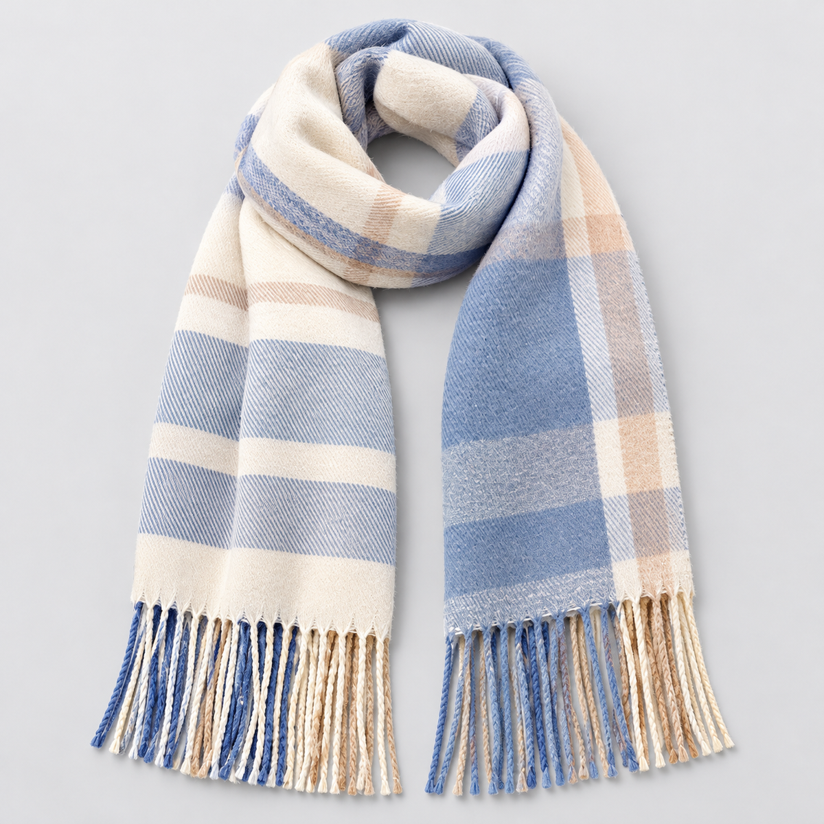 Montarello Women’s Scarf Check Tassel Brushed Soft — Blue — product view