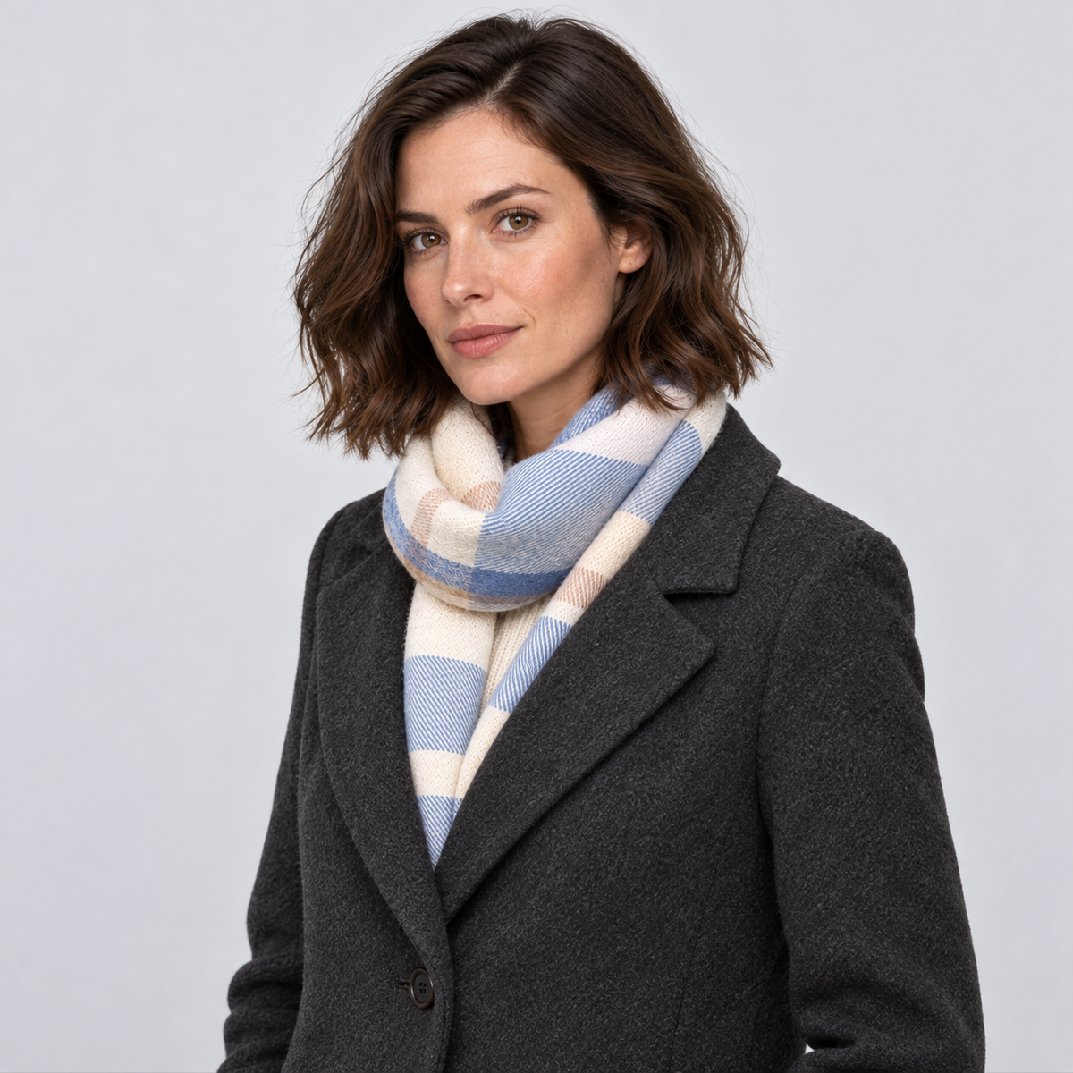 Montarello Women’s Scarf Check Tassel Brushed Soft — Blue — angled view worn by model