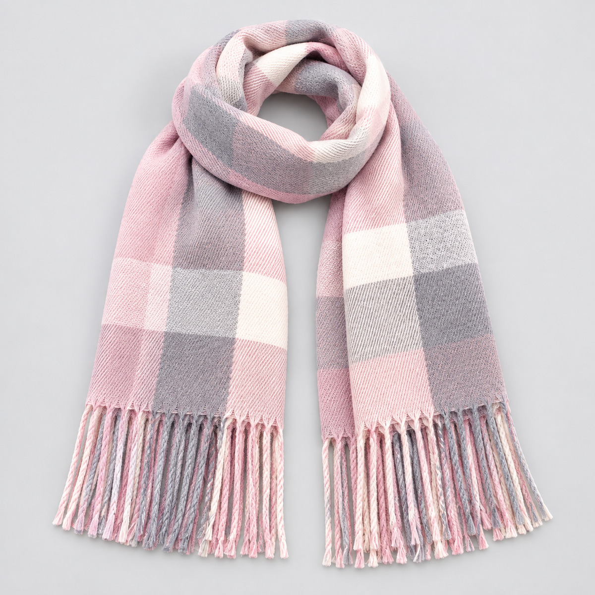 Montarello Women’s Scarf Check Tassel Brushed Soft — Pink — product view