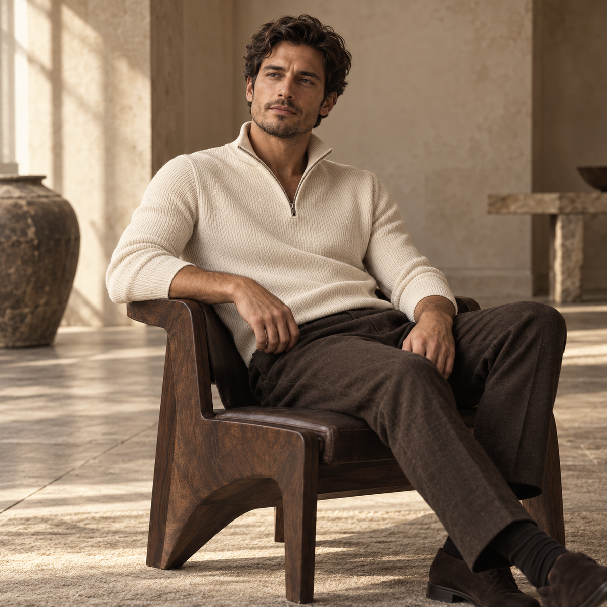 Montarello menswear editorial with an ivory knit, espresso trousers and a sculptural wooden chair
