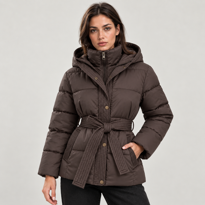 Montarello women's brown belted hooded puffer jacket — front view