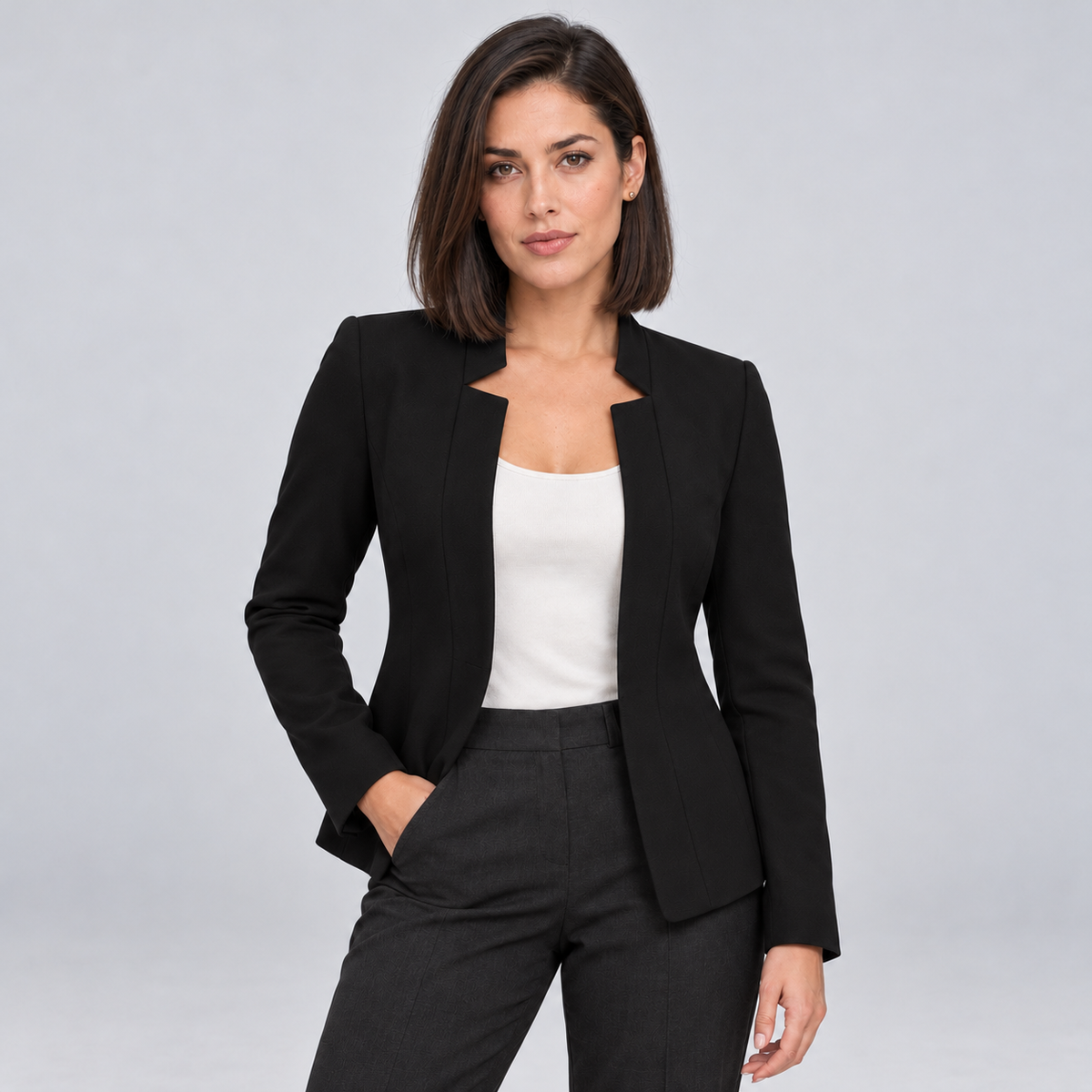 Montarello Women's Open Front Longline Blazer - Black - front studio view