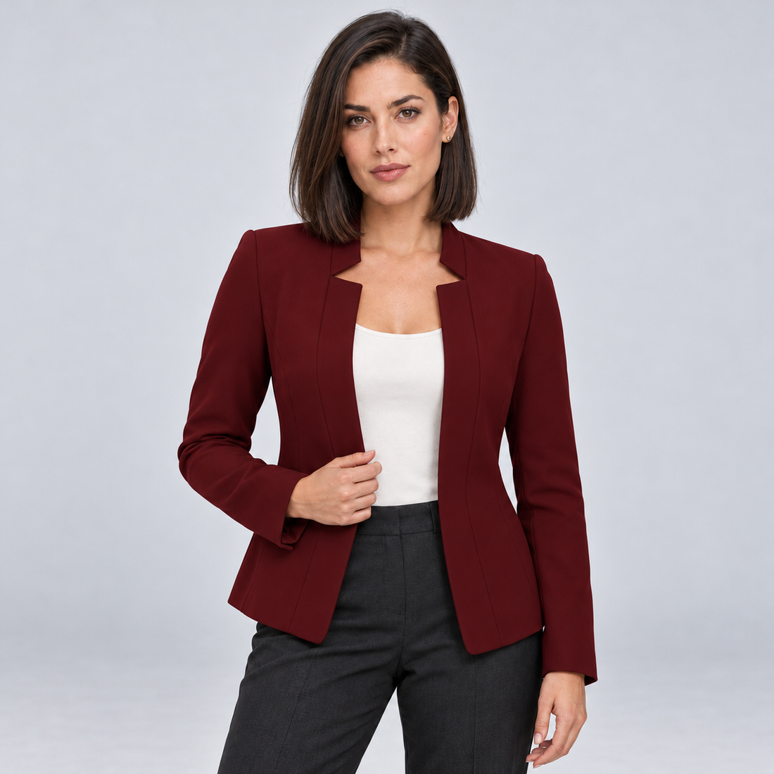 Montarello Women's Open Front Longline Blazer - Burgundy - front studio view