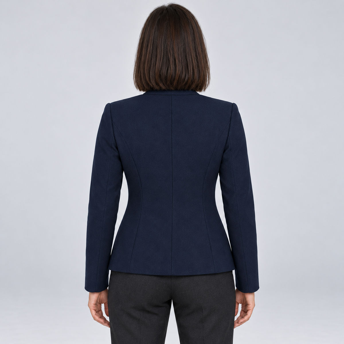 Montarello Women's Open Front Longline Blazer - Navy Blue - back studio view