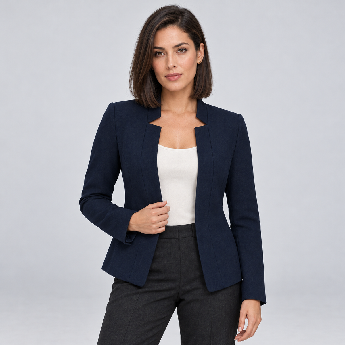 Montarello Women's Open Front Longline Blazer - Navy Blue - front studio view