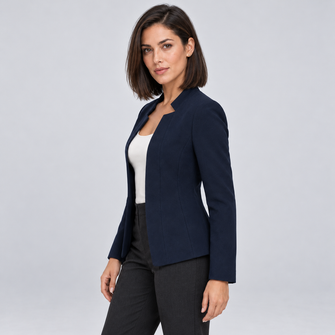 Montarello Women's Open Front Longline Blazer - Navy Blue - side studio view