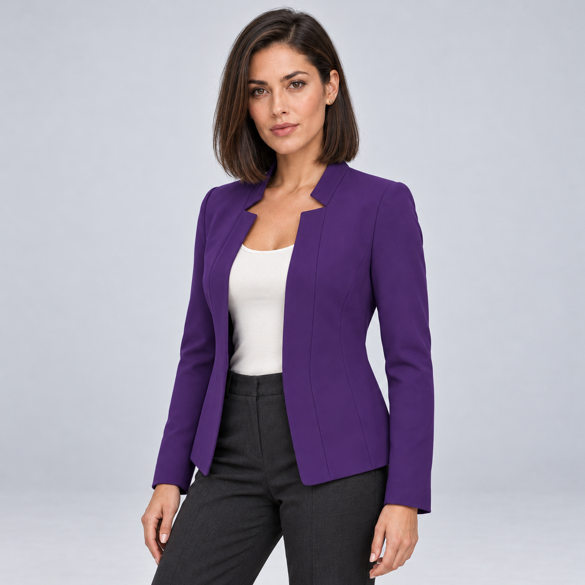 Montarello Women's Open Front Longline Blazer - Purple - front studio view