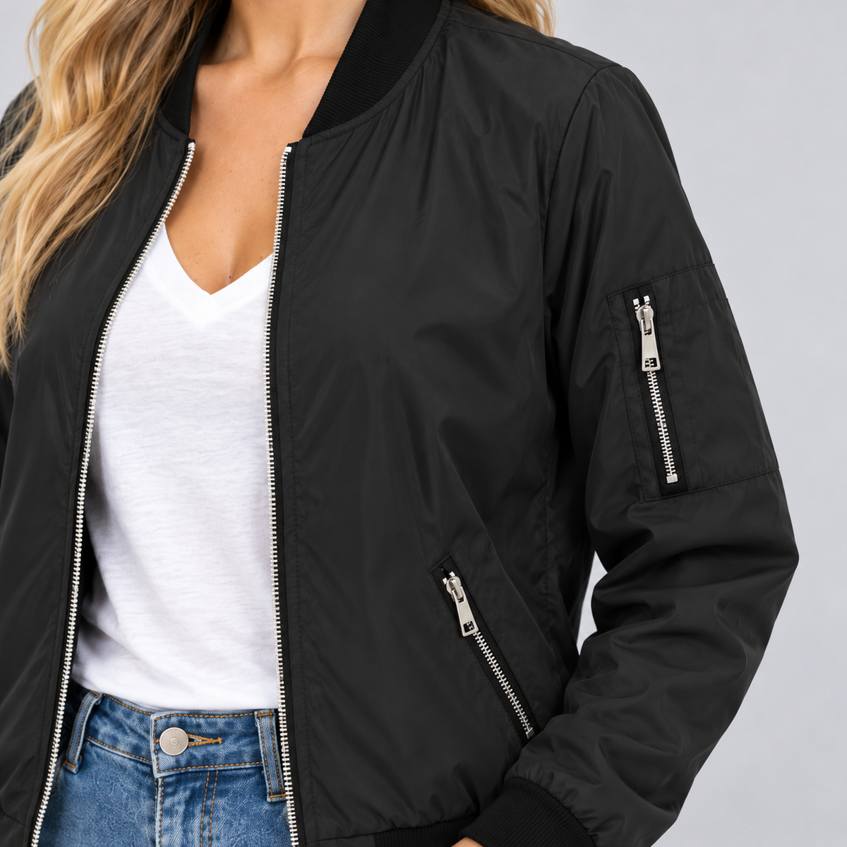 Montarello women's bomber jacket – black detail – studio photograph