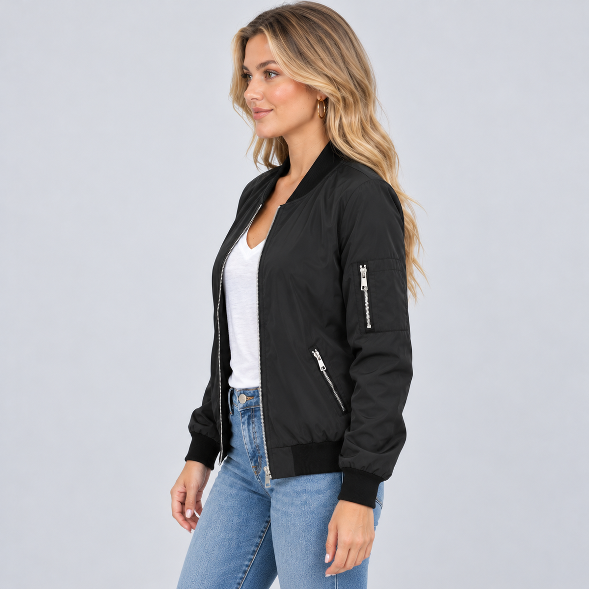 Montarello women's bomber jacket – black side – studio photograph