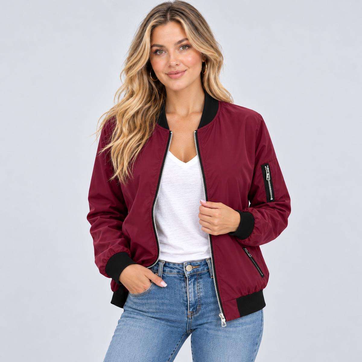 Montarello women's bomber jacket – burgundy – studio photograph