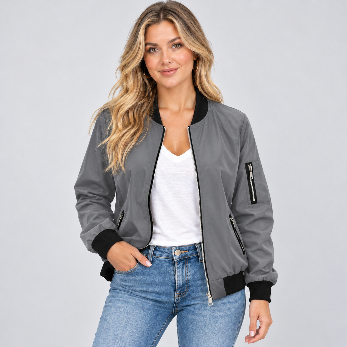 Montarello women's bomber jacket – grey – studio photograph