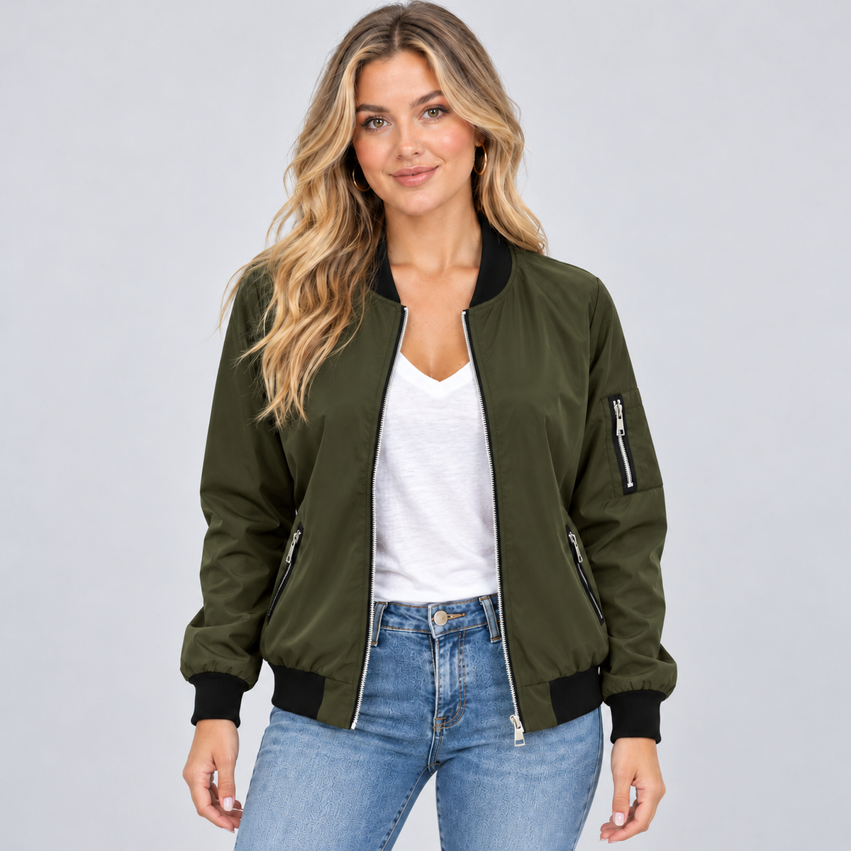 Montarello women's bomber jacket – olive green – studio photograph