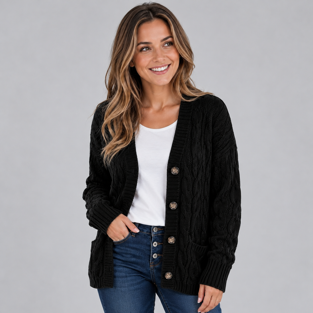 Montarello women's cable knit cardigan – black front