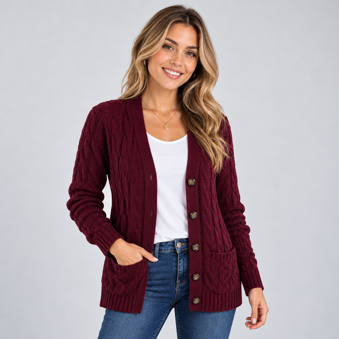 Montarello women's cable knit cardigan – burgundy front