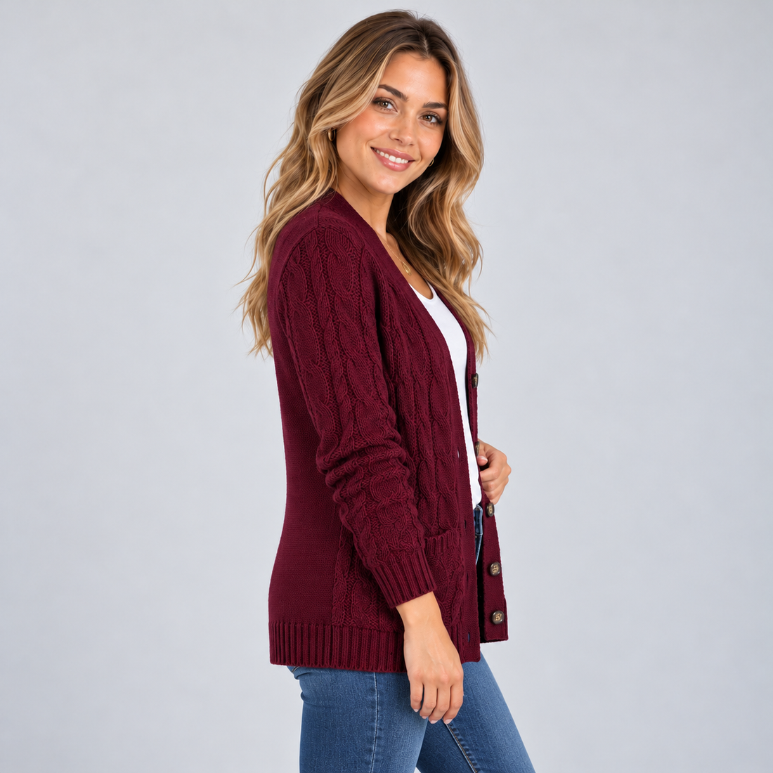 Montarello women's cable knit cardigan – burgundy side